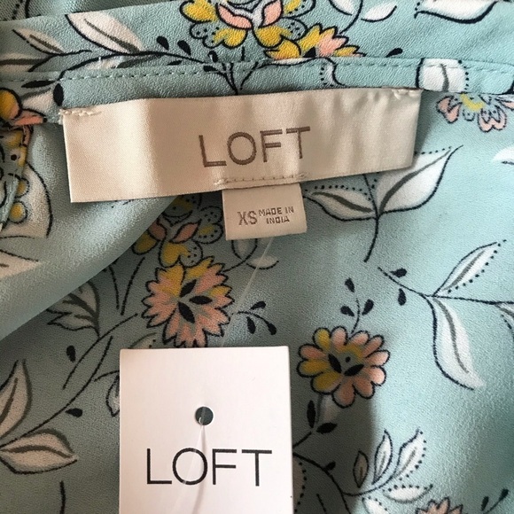 Loft Women’s Aqua Floral Print Mixed Blouse Size XS Blouson Sleeves - Picture 9 of 10